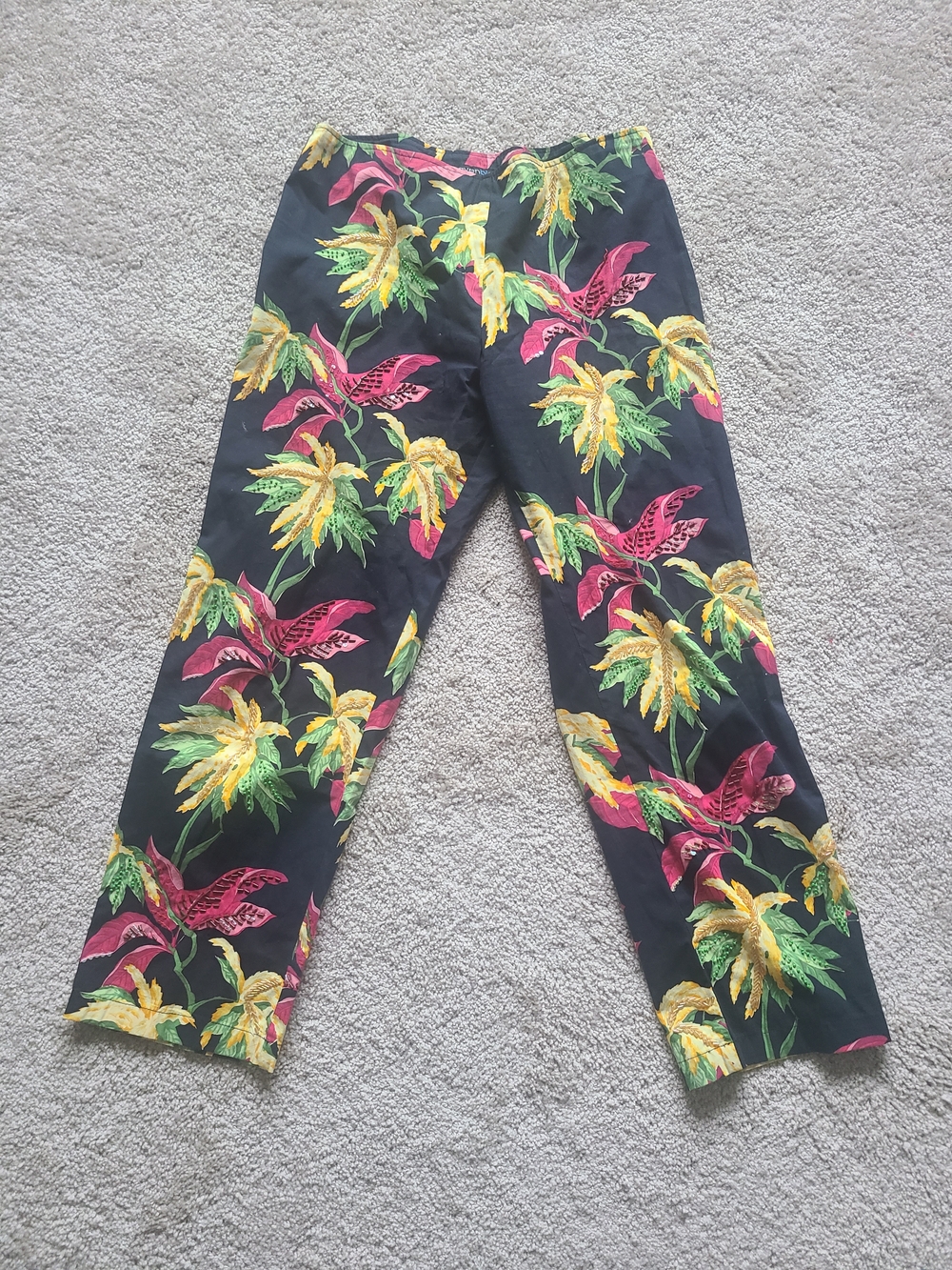 Floral Straight-Leg Pants in Black with Pink, Yellow & Green